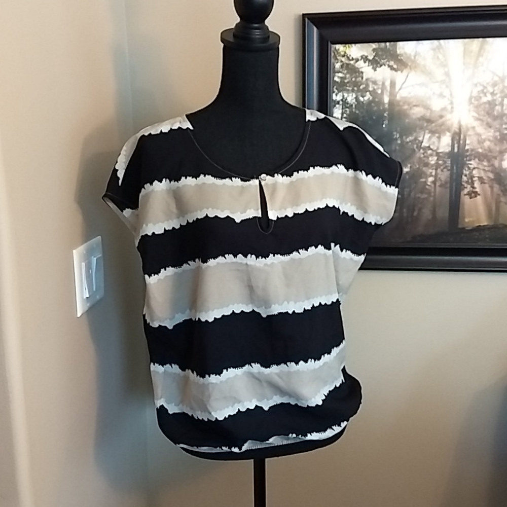 LOFT Women’s XS Striped Blouse button neck elastic waist career‎ tan black loose